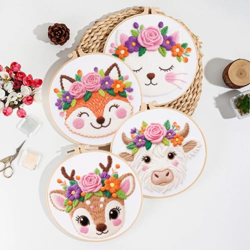 ORIGACH 6 Pack Animals & Floral Crown Embroidery Kit for Beginners - style: Animals & Floral