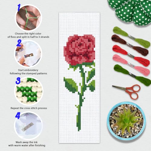 BEUNITONE 6 Pcs Flower Bookmark Cross Stitch Kits DIY Stamped Embroidery Bookmark Kit for Adults Beginner with Instructions Vivid Floral Cross Stitch Kits for DIY Crafts Book Lovers Gifts 2.4x8 in - style: Single Flower