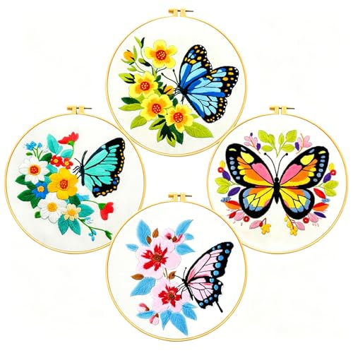 Zhenqing Butterfly Embroidery Kit 11.4x11.4 Inch - Complete Embroidery Set with Fabric, Threads, Needles & Hoop - Beginner-Friendly DIY Craft Kit for Adults (C0041) - color: C0041