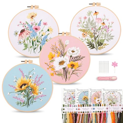 Harimau Adult Beginner Embroidery Starter Kit, Complete Set with 4 Patterns, 2 Hoops, Needles, Scissors, Instruction Guide & Stitching Video Tutorials - color: Floral2 pattern