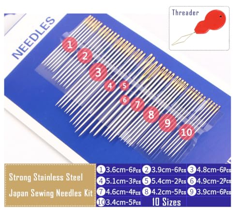 Tiazey 51 Gold Eye Sewing Needles, with Threader & 21 Colors Threads - color: 51 Gold Eye Needle with Threads