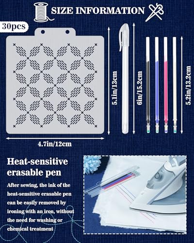 FIVEIZERO 30PCS Sashiko Stencils Kit,Sashiko Templates&4 Heat Erasable Pens - color: new style-small