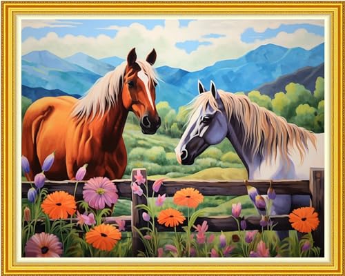 DMCVIVR Stamped Cross Stitch Kits for Beginners Adults Needlepoint Kits for Beginners Embroidery Kits for Adults Crossstitch Kit for Beginners 11CT-Horse Flower 16x20 inch - color: ArtKits16