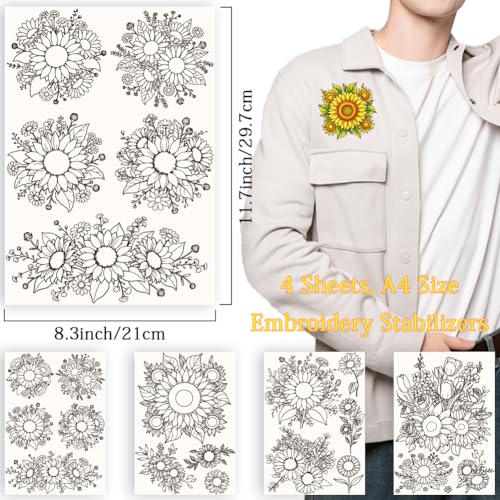 17Pcs Water Soluble Embroidery Patterns Sunflowers 11.7 x 8.3 Inch Embroidery Transfer Paper Sunflower Bouquets Stick and Stitch Wash Away Transfer Stabilizers for Hand Sewing Beginners - color: Sunflower