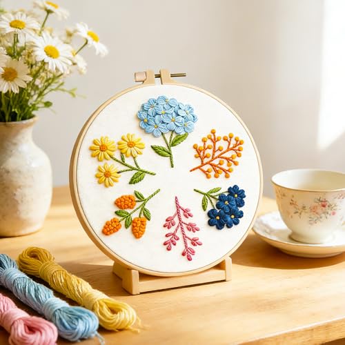 BEUNITONE 6 Pack Beginner Embroidery Kit for Adults, Simple Floral Plants Pre-Stamped Pattern Starter Needlepoint Kits with Hoops & Instruction, Hand Embroidery Kits for Fabric and Home Decor 7.9x7.9 - style: Simple Flowers