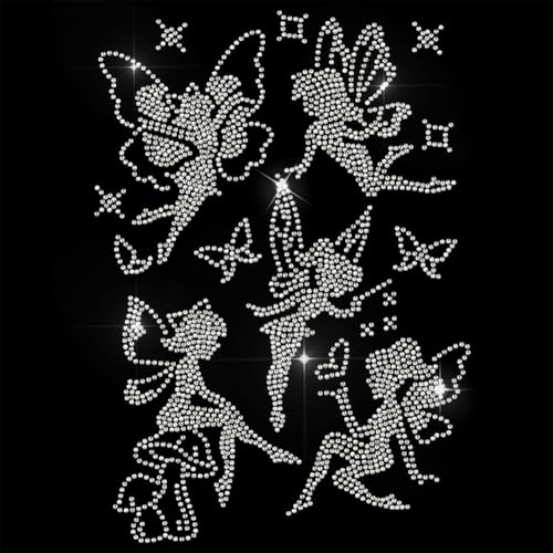 5 Pcs Fairy Pattern Iron on Rhinestones Transfer, Bling Crystal Clothing Repair Applique Heat Transfer Patches for T-Shirt Vest Shoes Hat Jacket Pants Bags Decor - color: Fairies