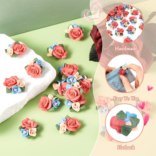Beadthoven 50pcs Flatback Rose Flower Handmade Porcelain Cabochons Colorful Floral Bouquet Clay Beads Charms No Hole for Gluing DIY Jewelry Making Supplies Stud Earring Embellishment - color: 0Rose#21~24mm