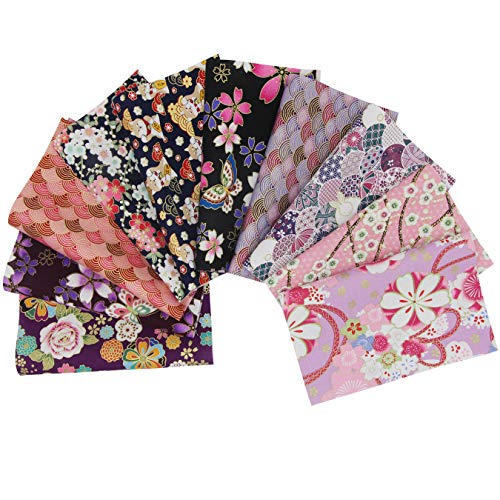 aufodara 10Pcs Cotton Craft Fabric Patchwork Bundle 20x25 cm, Japanese Style Printed Floral Beautiful Gold Patterns Bronzing Cloth for Sewing Quilting DIY Artcraft Handwork (Pink Purple) - color: Pink, Purple