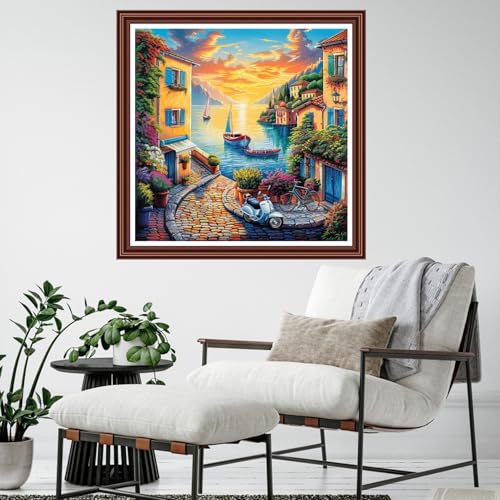 Dimensean Counted Cross Stitch Kit for Beginners, 11CT Unprinted Cross-Stitch Kit Easy Patterns Needlepoint Kit Cross Stitching Embroidery Kit Supplies-Seaside Home Sunset 18x18 inch - color: ColornNEW09