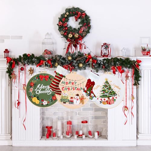 LB Christmas Embroidery Kit for Beginners Adults, 3 Sets Hand Embroidery Starter Kit with Wreath Pattern and Instructions Stamped Cross Stitch Kits Include Embroidery Hoop Needles Threads Scissors - color: Beige Green