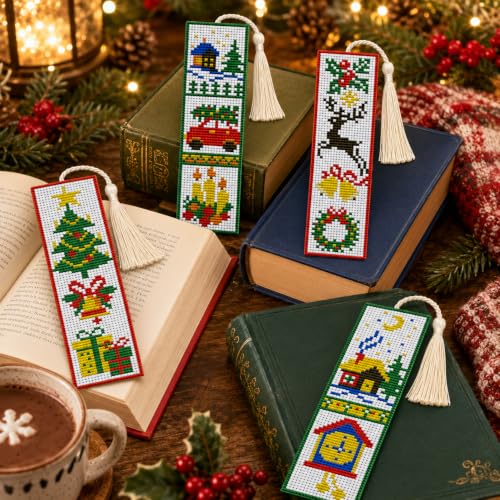 VIGEGU 4 Pack Christmas Cross Stitch Bookmark Kits for Adult Beginners - color: Christmas Cross Stitch bookmarks