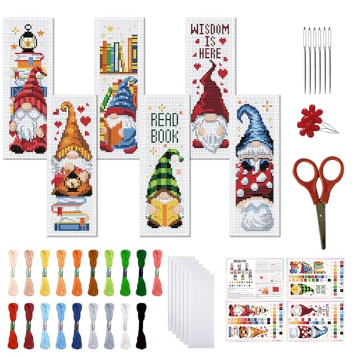 FREEBLOSS 6 Set Cross Stitch Bookmark Kit 11 CT Stamped Cross Stitch Kit DIY Embroidery Bookmark Kits for Adult Beginners with Instructions, Gnome Pattern, 6 x 20 cm/8" x 2.4" - style: Books and Dwarfs