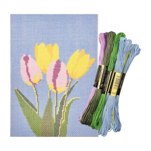 Howie's Needlepoint Flower Needlepoint Kits, 18CT Printed Embroidery Pattern Starter Kits, Stamped Patterns Canvas Kits(Tulips,5x7inch) - color: Tulips