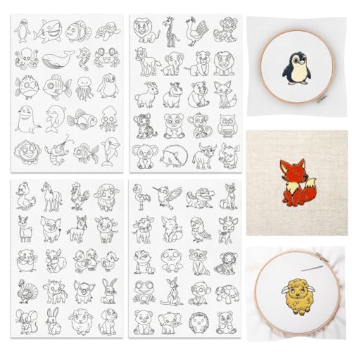 80PCS Water Soluble Embroidery Stabilizers Animal Patterns Embroidery Stick and Stitch Paper with Pre-Printed Animal Pattern for Hand Sewing Lover Beginners