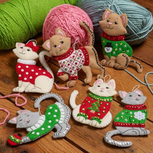 Bucilla Felt Applique 6 Piece Ornament Making Kit, Cats in Ugly Sweaters, Perfect for DIY Arts and Crafts, 89381E