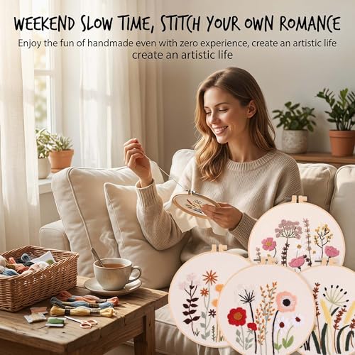 Harimau Adult Beginner Embroidery Starter Kit, Complete Set with 4 Patterns, 2 Hoops, Needles, Scissors, Instruction Guide & Stitching Video Tutorials - color: Floral4 pattern
