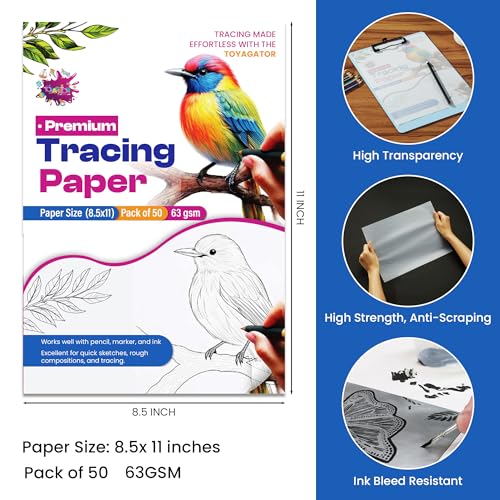 Tracing Paper 8.5x11 in, 50 Sheets, Transparent Sketch Paper 63gsm - size: 8.5" x 11" (50 Sheet)