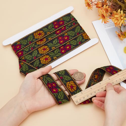 FINGERINSPIRE 5.5 Yards Ethnic Style Embroidery Flower Ribbon 1-1/4 Inch Wide Black Floral Jacquard Vintage Woven Trim for DIY Crafts Sewing Clothing - color: Black