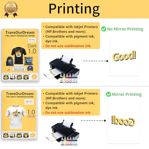 TransOurDream Tru-Heat Transfer Paper for Dark and Light Fabric (15+15 Sheets, 8.5x11", Mix Pack) Printable HTV Heat Transfers Vinyl for Inkjet Printers Iron on Transfers for T Shirts - color: Mix-D1L1, size: 30 Sheets