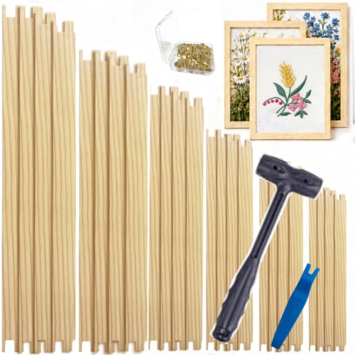 24pcs Needlepoint Stretcher Bars for Needlework with 100 Thumb Tacks Hammer and Tacks Remover 6 Sizes Wooden Canvas Frame, Stitch Set, Needlepoint Frame, The Ideal Gift for Embroidery Enthusiasts - color: 24pcs