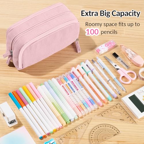 Sooez Big Capacity Pencil Case Pen Pouch, Soft Corduroy Pencil Bag - color: Pink