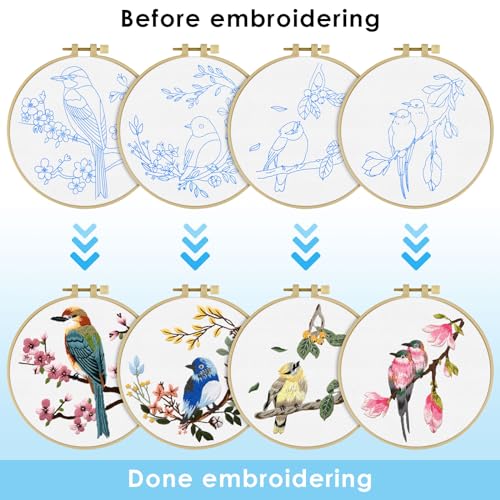 ERKOON 4 Sets Embroidery Kit for Beginners,Hummingbird and Flower Cross Stitch Set for Include Embroidery Cloth Hoops Threads for Craft Lover Hand Stitch (Flowers and Birds) - color: Flowers and Birds