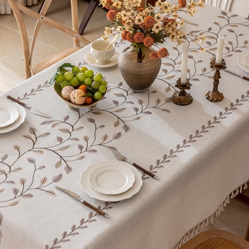 Joyfol Day Rectangle Linen Tablecloth, Heavy Duty Waterproof Tablecloths, Farmhouse Embroidery Leaves Table Cloth with Tassels, Soft Wrinkle Free Table Cover, Coffee Vines, 55''x 70'' - color: Coffee Vines, size: 70" x 55" (Rectangular)