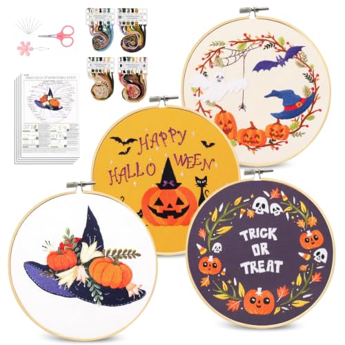 Santune 4-Pack Halloween Embroidery Kit Cross Stitch Kits for Beginners DIY Needlepoint Kit with 4 Embroidery Clothes Featuring Pumpkin Patterns,2 Hoops,Color Threads,Needles - color: Halloween Pumpkin