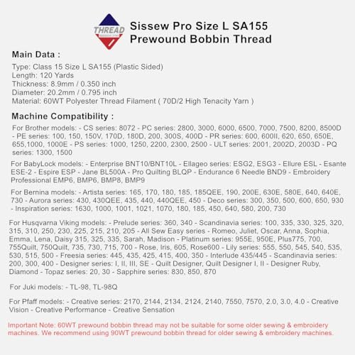 SissewPro Prewound Bobbin L Size, 70D/2(60WT SA155 Size 9.4) Embroidery Sewing Machine Bobbins Thread Type L for Brother, Babylock, Singer, Husqvarna Viking, Pfaff Embroidery Machines - color: SA155 60WT(70D) White