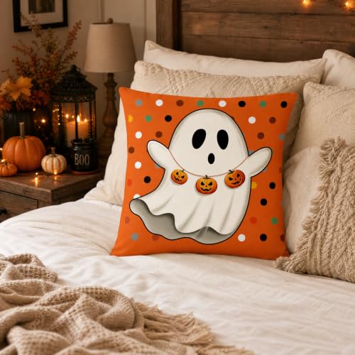 Cute Ghost with Pumpkin Linen Pillow Cover 18x18 Yellow Background - color: Pa10064, size: 18" x 18" (Pack of 1)