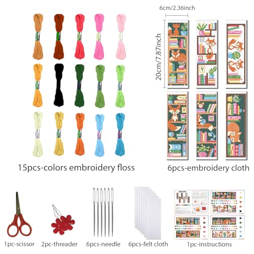 FREEBLOSS 6 Set Cross Stitch Bookmark Kits Fox Bookshelf Pattern Stamped Embroidery Kit Stitch Bookmarks DIY Book Marks Printed Cross Stitch Kits with Instructions for Beginners Adults, 8''x2.4'' - style: Fox bookshelf