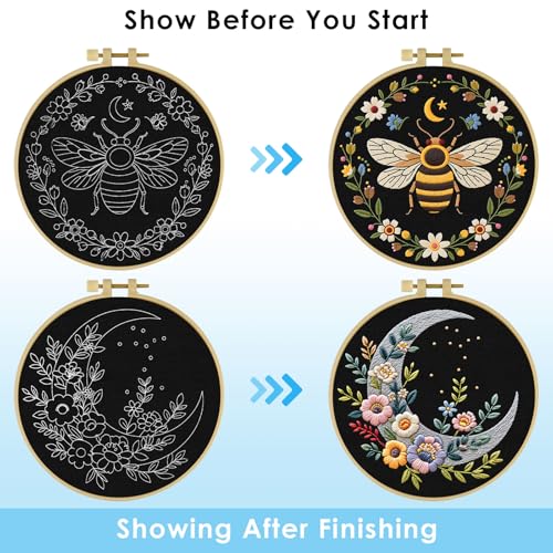 ERKOON Embroidery Kit for Beginners Adult, 2 Set Flower Cross Stitch Set Include Embroidery Cloth Hoops Threads for Craft Lover Hand Stitch with Embroidery Skill Techniques (Bee Moon) - color: Moon and Bee