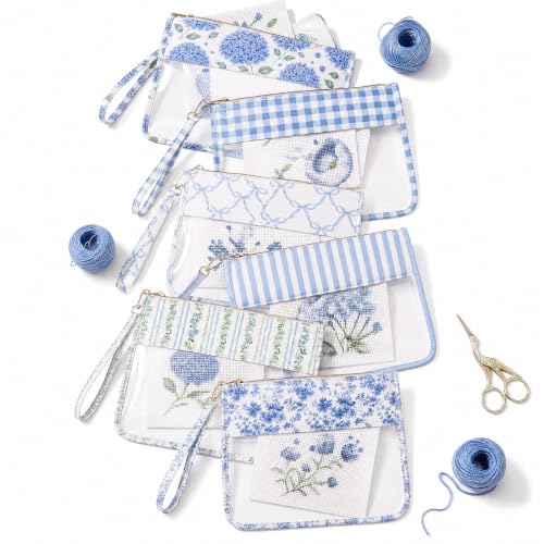 Sabary 6 Pack Blue Floral Needlepoint Project Bag Bow Pouch 11" x 13.8" - color: Blue, size: 11" X 13.8", style: Floral