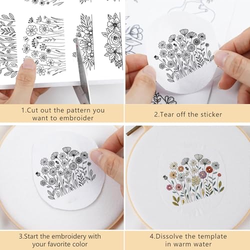 Flower Water Soluble Embroidery Patterns, 4 Sheets Stick and Stitch Embroidery Paper, Long Rattan Floral Tear Away Patterns Transfer Paper Customized Gifts for Hand Sewing Lovers Beginners - size: Flower Border