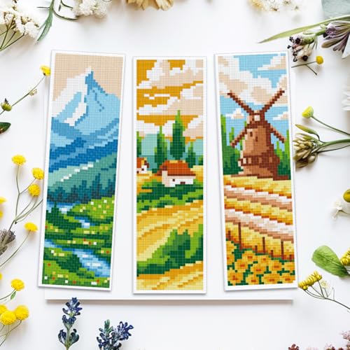 ACRNIGHEET 6pcs Cross Stitch Bookmark Kits, Landscape DIY Cross Stitch Bookmarks, Embroidery Bookmark Cross Stitch Kits with Scenery Pattern, Stamped Cross Stitch Kit Bookmark for Beginners Adults - style: Mountain and river patterns