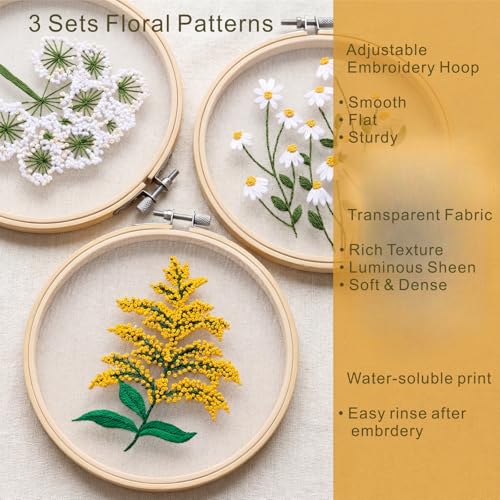 Wooden Adjustable Rotatable Embroidery Hoop Stand, No‑Assembly Holder with Inner Groove Anti‑Slip Design, Bonus Tools: Floral Patterns, Hoops, Scissors, Threader & Floss
