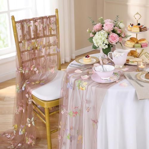 Floral Gauze Table Runner 10ft Embroidery Tulle Spring Wildflower Table - color: Brown, size: 27"x120",1pc