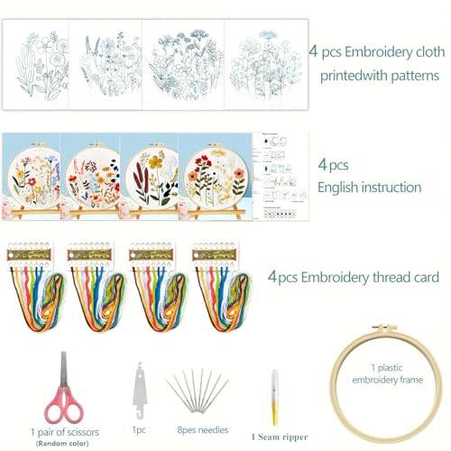 Zhenqing Floral Embroidery Kit - 4 Piece 29x29cm Round Hoop Art Set with Pre-Printed Cotton Fabric, Embroidery Hoop, Threads & Tools for Beginners (C0010) - color: C0010