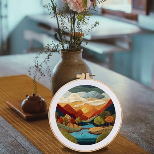 FONNUY Embroidery Kit for Beginners, Brightly Colored Landscape Lake Pre-Stamped Pattern Kits for Adults with Hoop, Easy to Follow Color Thread Needlework, 8'' Hoop (SkyBlue) - color: SkyBlue