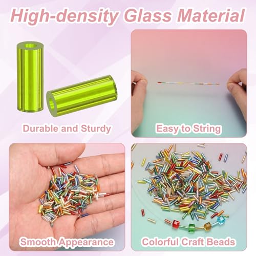 M METERXITY 1800-Pack Bugle Beads, 2x4mm Embroidery Craft Glass Bugle Tube Seed Beads for DIY Craft/Bracelet/Necklaces [Light Green] - color: Light Green, size: 2x4mm