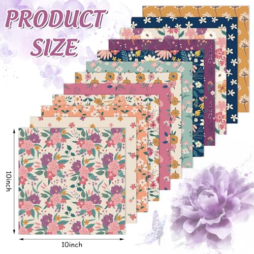 Whaline 12 Pcs Retro Floral Cotton Fabric Bundles Wildflower Fabric Square Vintage Flower Sewing Fabrics for DIY Handmade Craft Decor, 10 x 10 in - size: 10 x 10 inch
