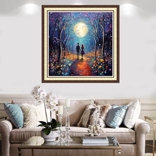 Findvoor Counted Cross Stitch Kits for Adults Full Range of Cross Stitching Embroidery Unprinted Pattern for Beginners, 11CT Needlepoint Kit Patterns Embroidery Kits-Couple Under Moonlight 18x18 inch - color: ColorCraft24