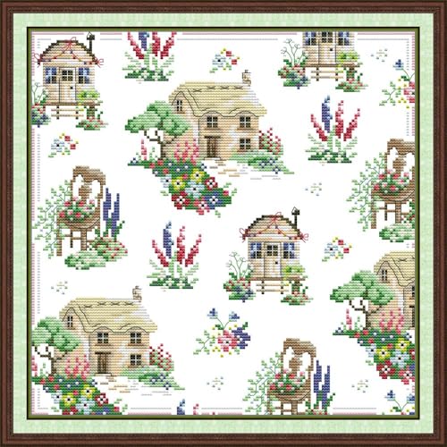 CaptainCrafts Cross Stitch Kits, Stamped Fabric Cross Stitching DIY Art DMC Needlecrafts Embroidery Kit for Adults Beginner (Country House, Stamped) - color: Country house, size: Stamped