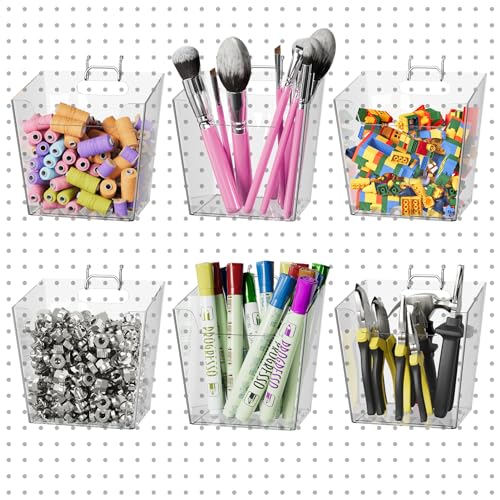 Clear Large Pegboard Cups, 6Pack Peg Board Square Storage Bins With Hooks - color: Clear