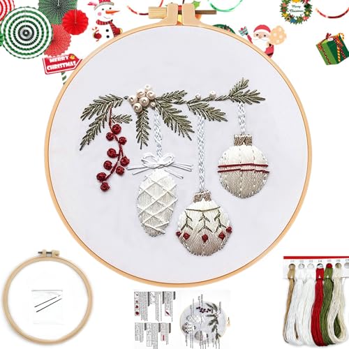 FONNUY Crewel Christmas Embroidery Kit for Beginners, Cross Stitch Set Winter Snow Scene Pine Owl Pattern for Adults, Easy to Follow Color Thread Needlework, 8'' Hoop (Holly Bauble) - style: Holly Bauble