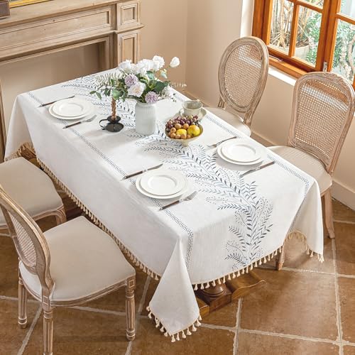 Alsoo Tablecloth Rectangle 55" x120", Farmhouse Linen Style Table Cloth with Blue Fern Embroidery and Tassels, Heavy Weight Wrinkle & Spill Resistant Table Cover for Dining Kitchen - color: Dusty Blue Ferns, size: 120" x 55" (Rectangular)