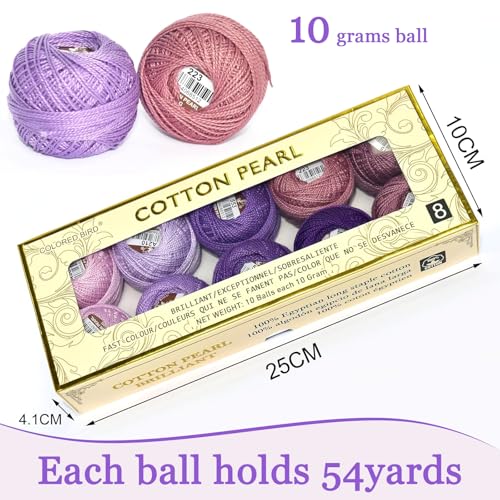 Double Mercerized Egyptian Long Staple Cotton Pearl Thread Ball 10 Grams Rainbow Color Embroidery Thread 10 Colors per Box for Crochet Hardanger Cross Stitch Hand Embroidery,Purple Series - color: purple series