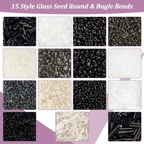 PH PandaHall 5000pcs+ Glass Seed Beads 15 Styles Bugle Beads Tube Bead Black White Silver Small Waist Bead for Punk Style Jewelry Making Bracelet Beading Weaving Embroidery DIY Craft Summer - color: Black White