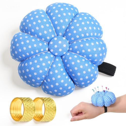 Wrist Pin Cushion for Sewing with 2 Gold Thimbles, Cute Pumpkin Needle Pincushion with Elastic Strap for Quilting, Embroidery, Needlework, DIY Crafts (Blue)