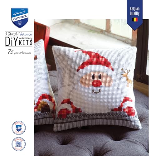 Vervaco Cross Stitch Christmas Pillow Kit Santa Joy DIY Home Decor Stamped Embroidery Chunky Cross Stitch Cushion Craft Supplies ca. 16" x 16" Needlepoint Kits for Adults Creative Gift - size: Santa with Reindeer